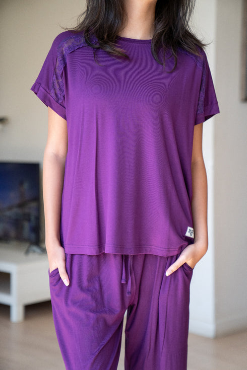 Women summer pajama set Purple Lace shirt + Pants